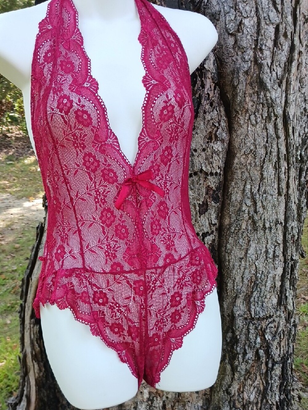 Floral Lace Halter Teddy Bodysuit - Raspberry - Picture 2 of 4